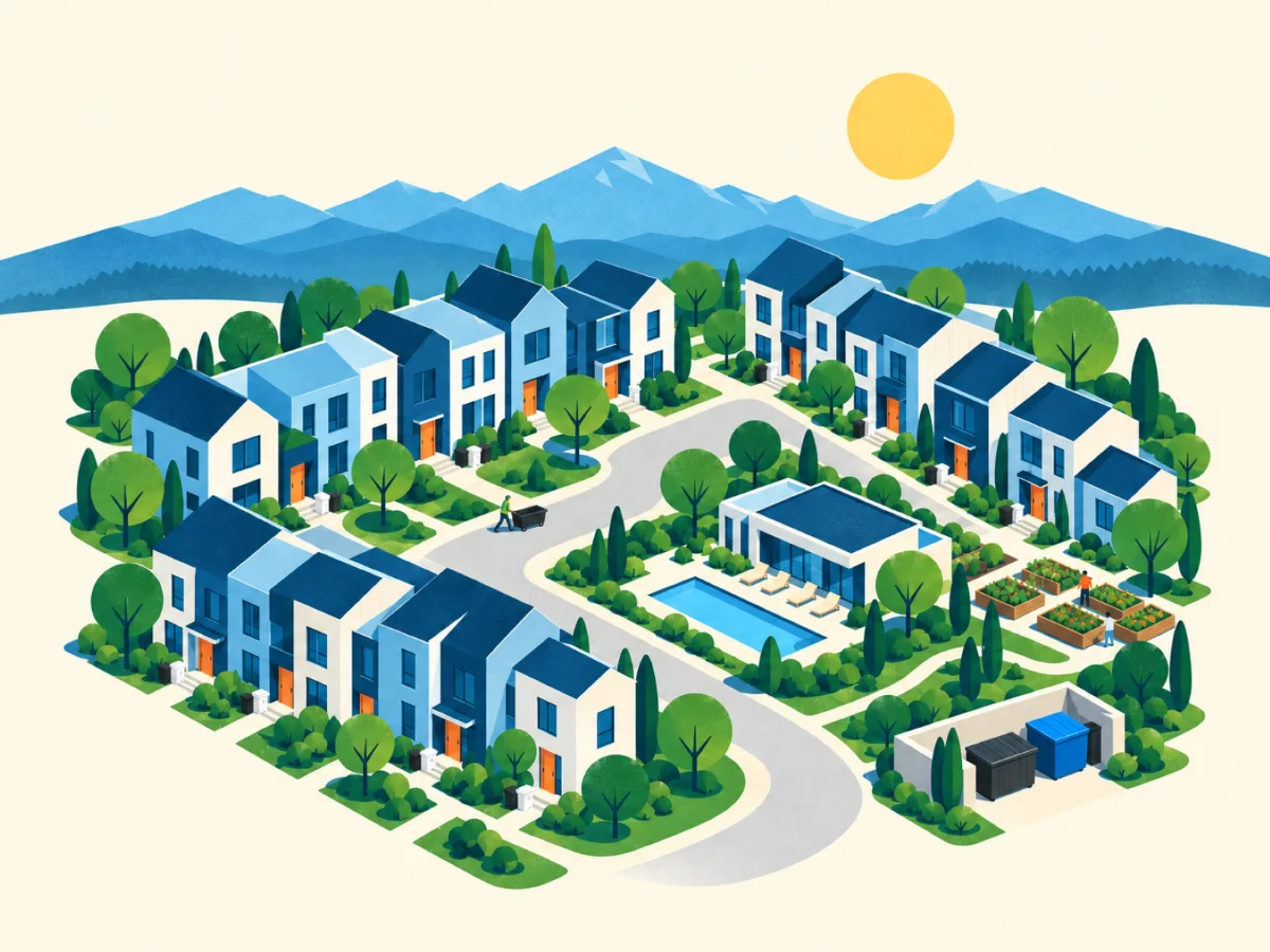 A townhome community below the Wasatch mountains: rows of townhomes along a curving lane, a clubhouse with a pool, community garden beds and a tidy walled collection area, with black trash and white recycling bins at front doors and a WSI porter pushing a tilt truck.