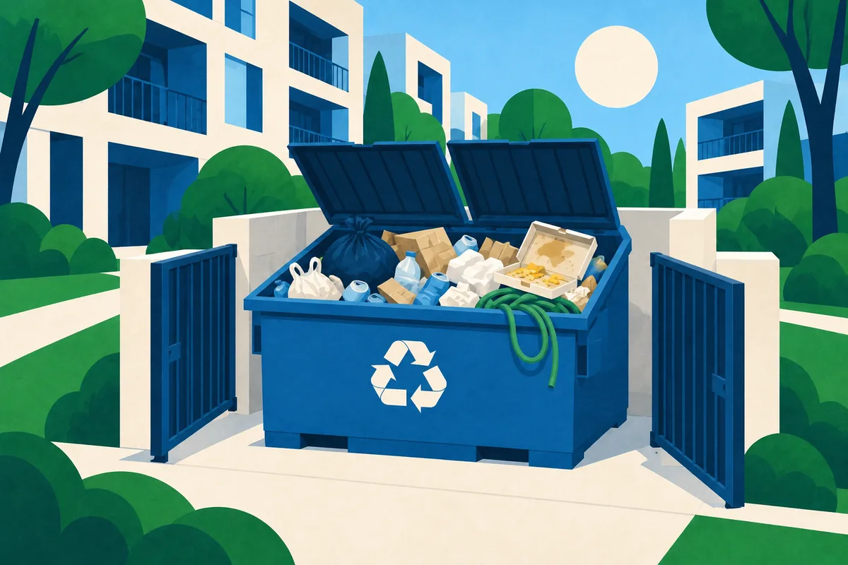 A recycling dumpster holding a garbage bag, plastic bags, styrofoam, a greasy pizza box and a garden hose among the recyclables