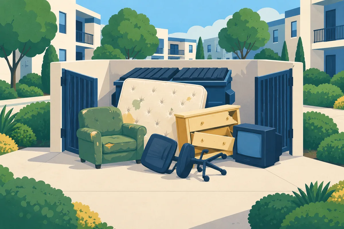 Before: a mattress, armchair, broken dresser, office chair and old television dumped in the open gateway of a dumpster enclosure