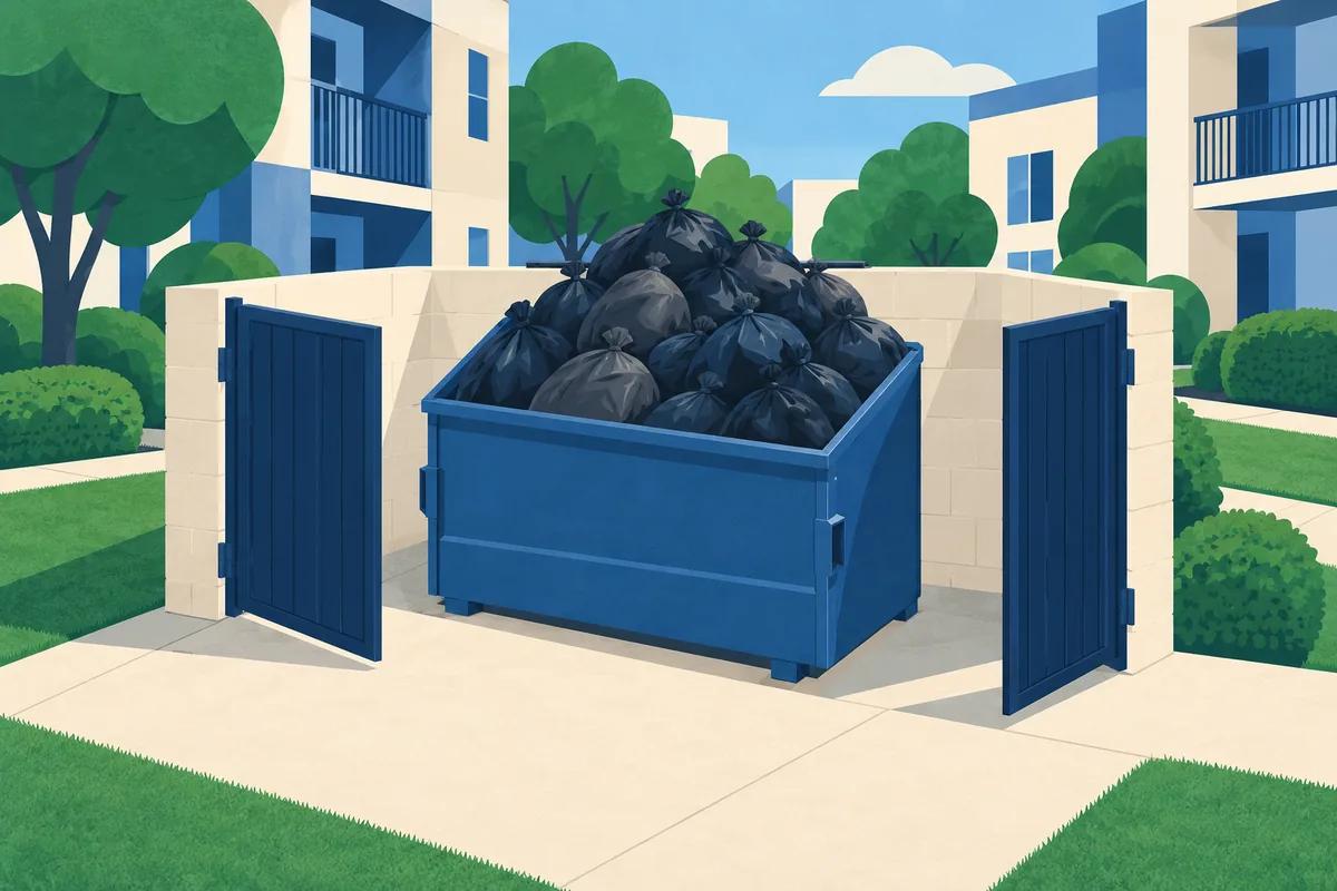 A trash dumpster so full of tied bags that its lids can’t close