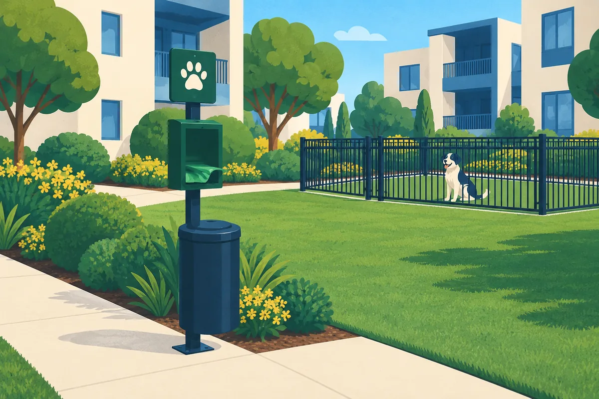 A community pet waste station with a paw sign, bag dispenser and receptacle beside a lawn and a fenced dog run