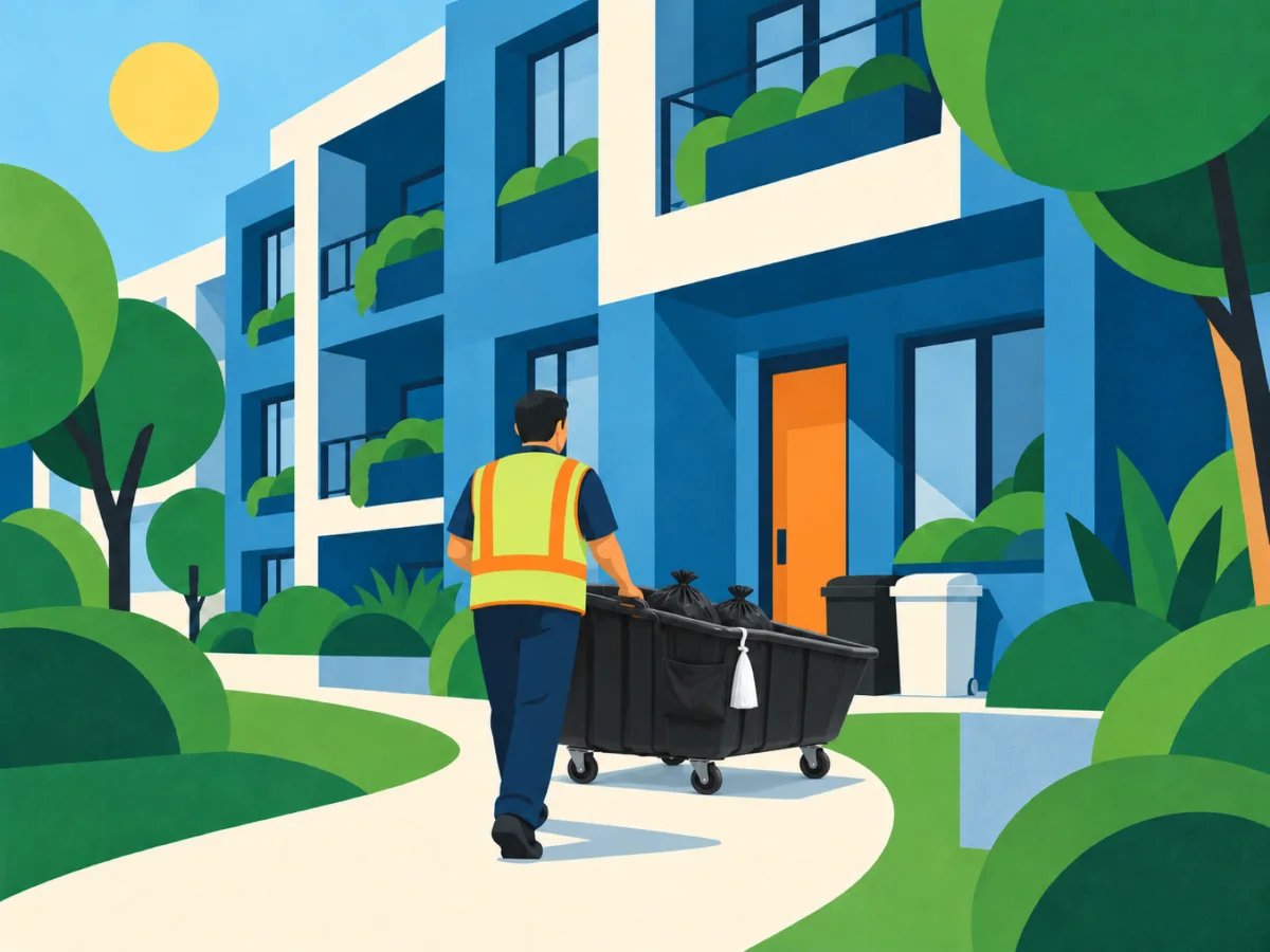 A WSI porter in a safety vest pushes a black tilt truck of tied bags along a garden path toward an apartment entrance, where a black trash bin and a white recycling bin wait by the door.